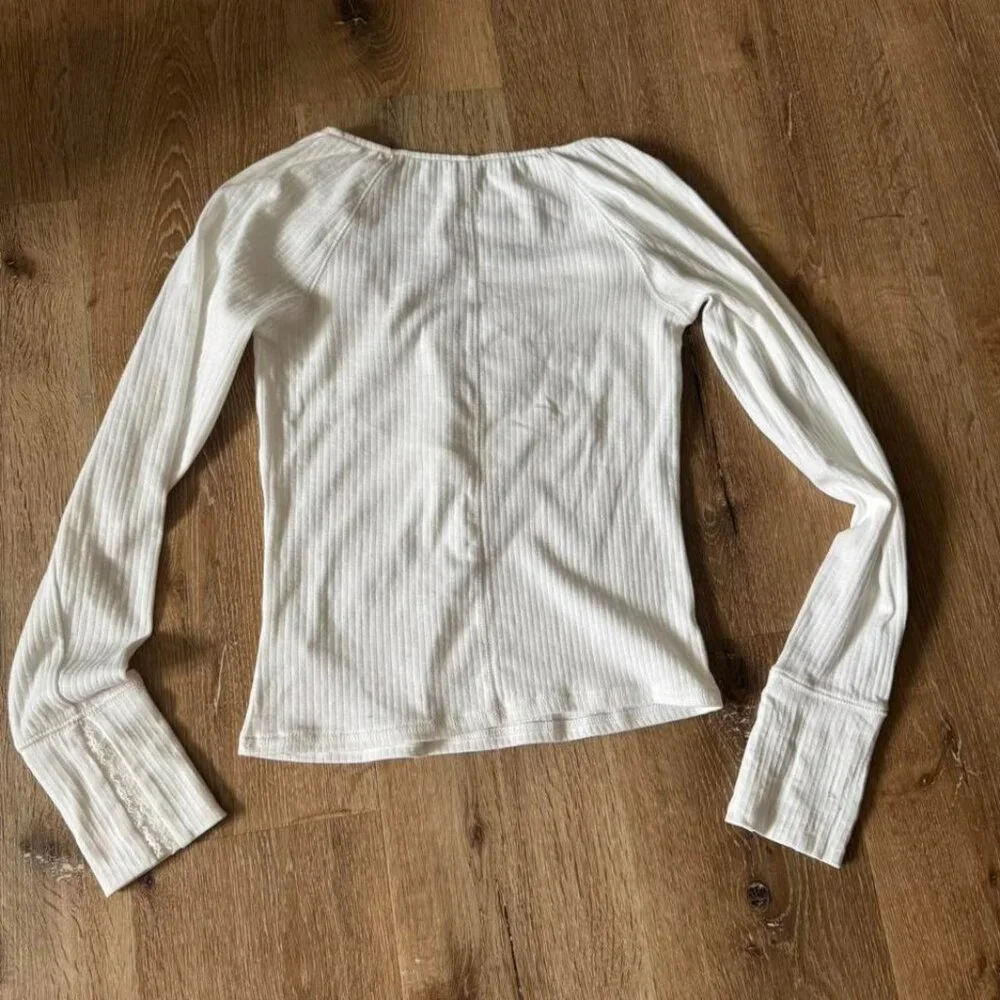 Free People White Long Sleeve Top with Lace‎ Trim Size M